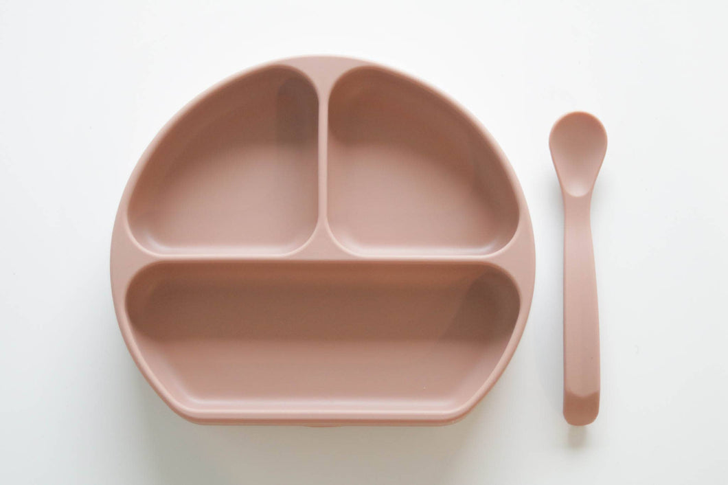 Silicone Suction Plate With Lid and Spoon-Coral