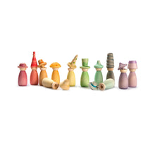 Load image into Gallery viewer, Fancy Nins – 12 Rainbow Peg People with Hats
