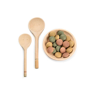 YUMMY– Wooden coins, spoons, and bowl