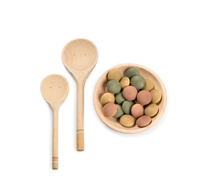 YUMMY– Wooden coins, spoons, and bowl